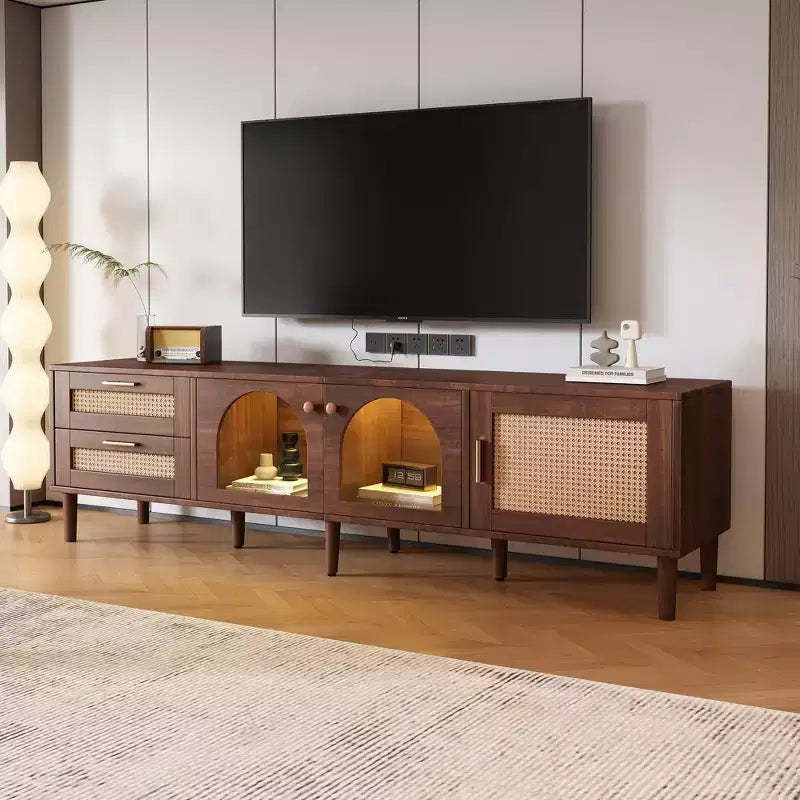 Rattan TV Stand with LED Light for 80 inch TV, Wood TV Storage Cabinet with Glass Doors and 2 Drawer, Media Console with Solid Wood Legs, Dark Brown