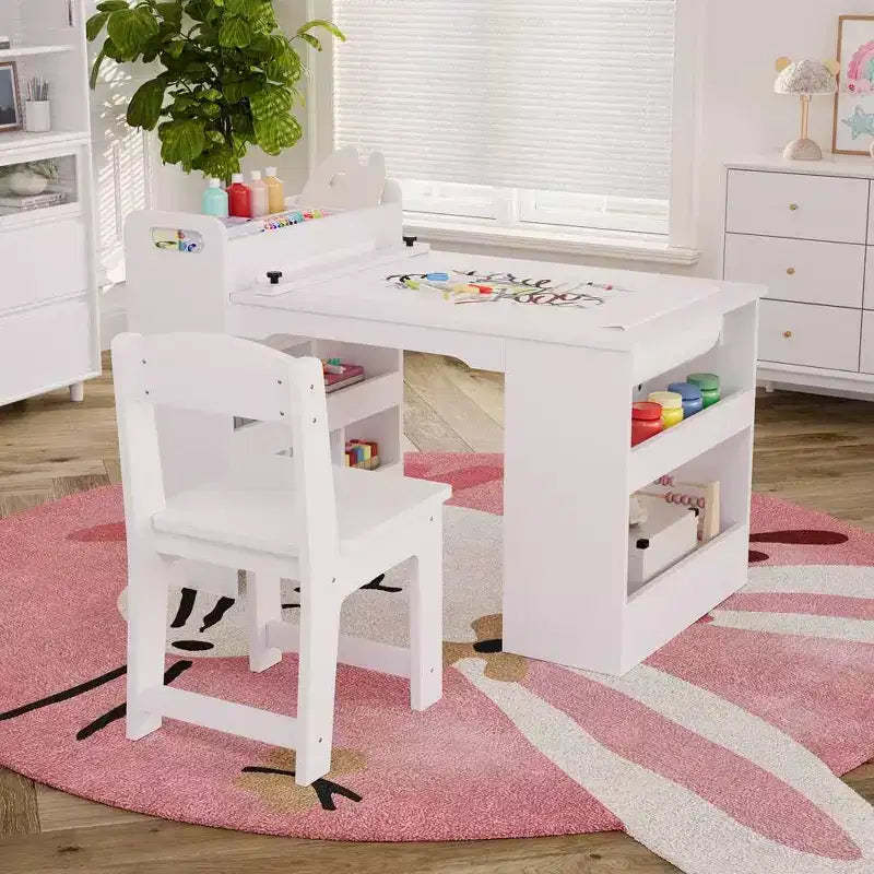 Art Table with 2 Chairs, Craft Play Wood Activity Desk with Large Storage Shelves for Writing Drawing white