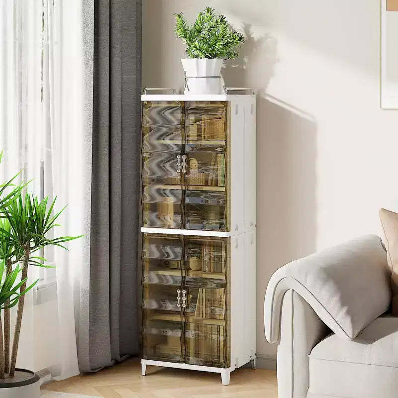 VECELO 2/3-Tier Tall Narrow Storage Cabinet, Slim Bathroom Storage Organizer with Transparent Double Doors for Small Spaces, Tea Brown