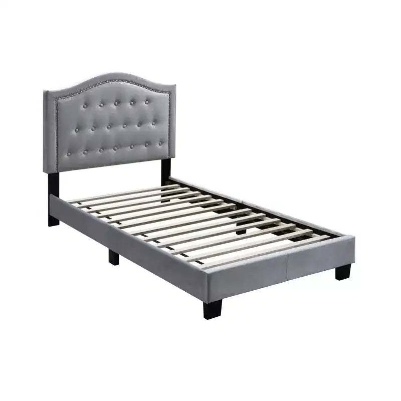 Royal Hampton Button Tufted Full Velvet Bed with Curved Headboard, Gray