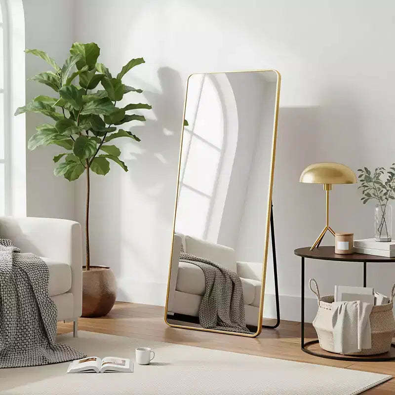 MAYEERTY Aluminum Full-Length Mirror 64x21in, Gold, Rounded Corner, Tempered Glass, With Stand