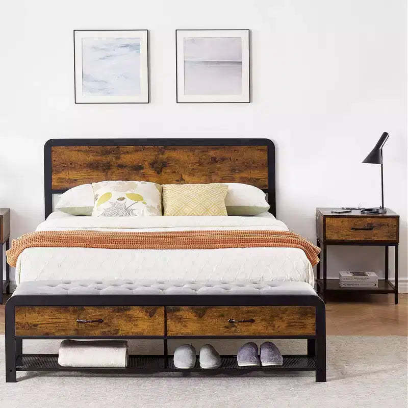 Bed Frame with Drawers Platform Bed Frame Brown Wood Headboard and Sturdy Metal Slats, No Box Spring Needed, Noise Free