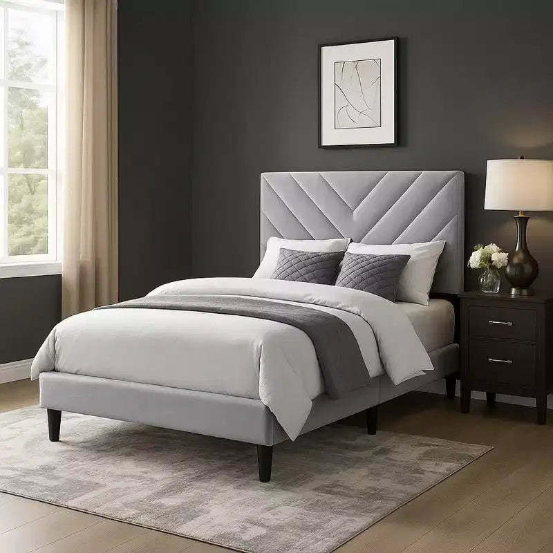 Royal Hampton Full Size Bed, Tufted Gray Velvet Upholstery, Chevron Stitch
