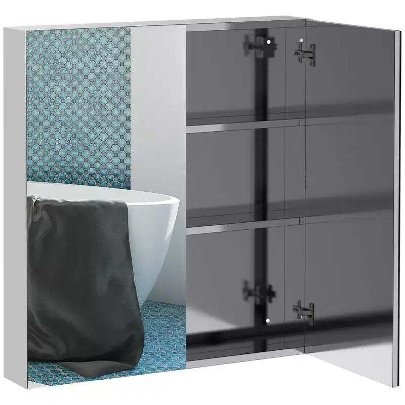 kleankin Bathroom Mirrored Cabinet, 24x26 Stainless Steel Frame Medicine Cabinet, Wall-Mounted Storage Organizer with Double Doors, Silver
