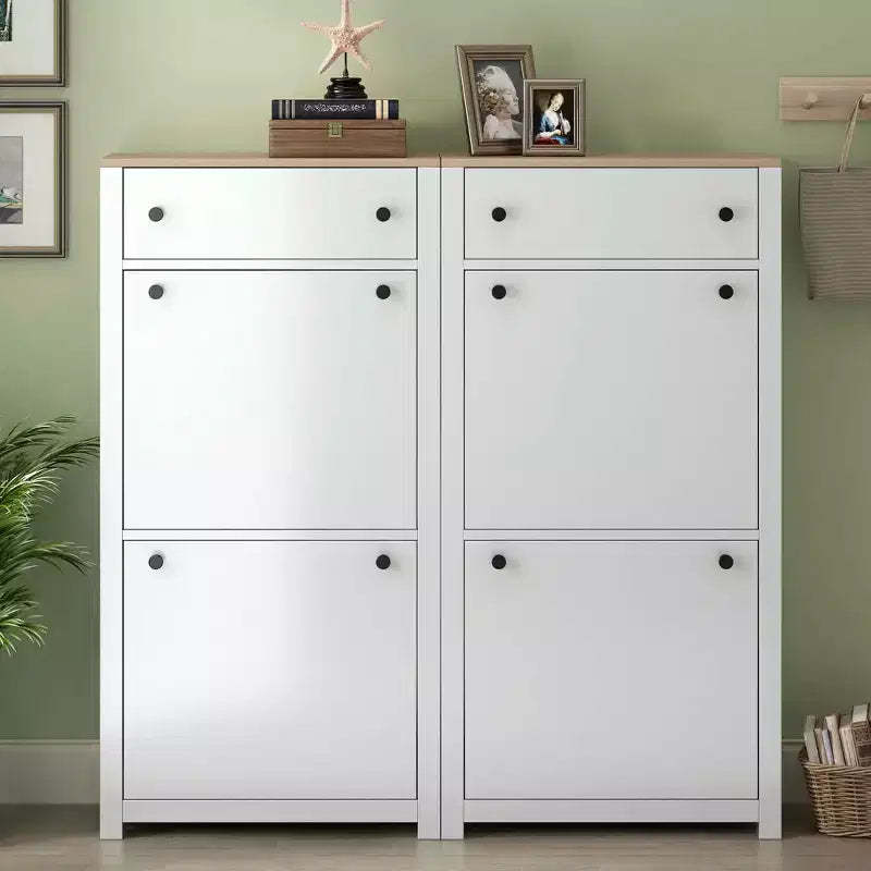 MAYEERTY Slim Tipping Bucket Shoe Cabinet Set, 4 Flip Drawers Wood Grain Top Adjustable Panel, White