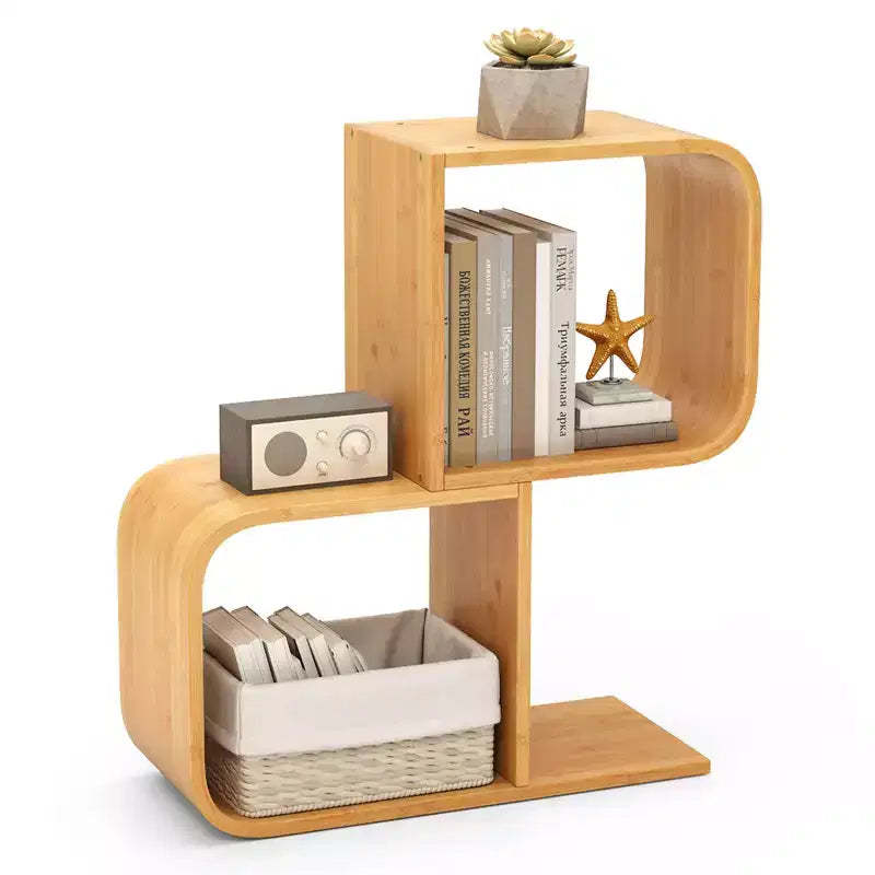 Costway Bamboo Geometric Bookshelf 2-Tier S-Shaped Bookcase w/ Anti-tipping Device