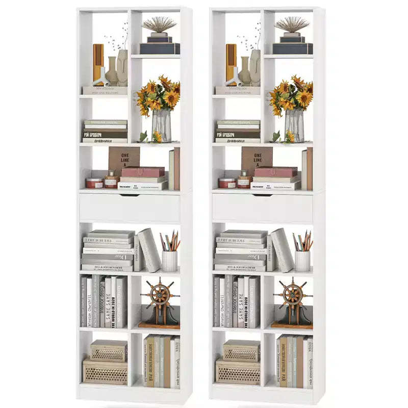 Costway 2PCS 71 Tall Bookcase w/ Drawer Modern Bookshelf w/ 10 Open Cubes Display Rack