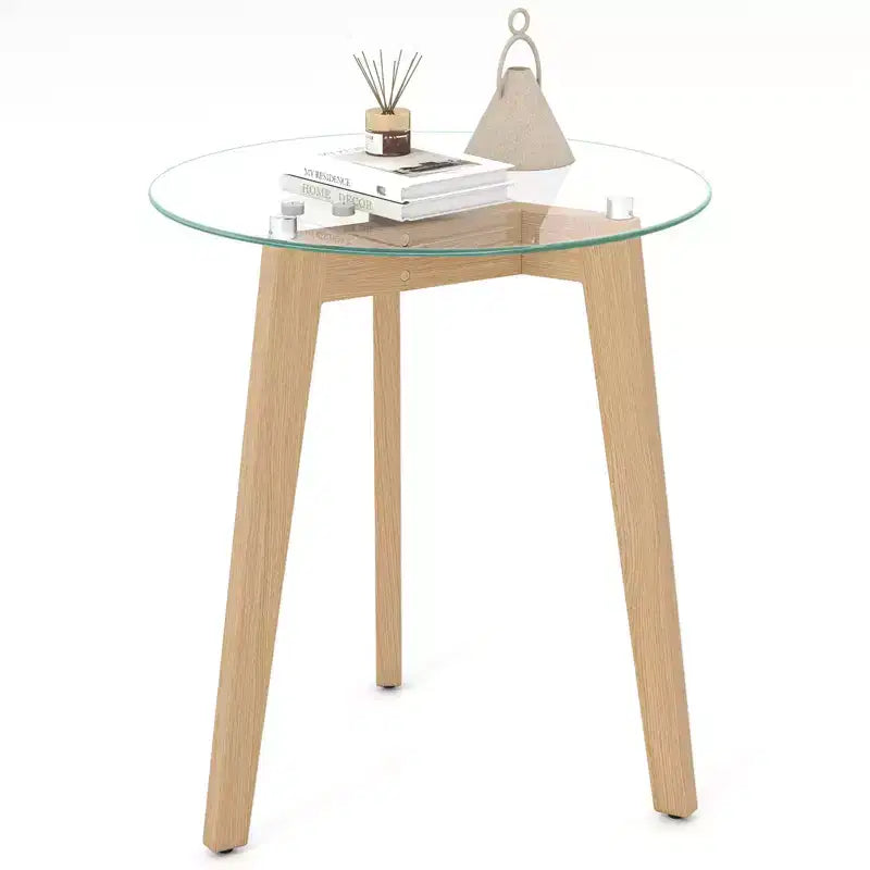 Costway Modern Tempered Glass End Table w/Transparent Tabletop Rubber Wood Structure