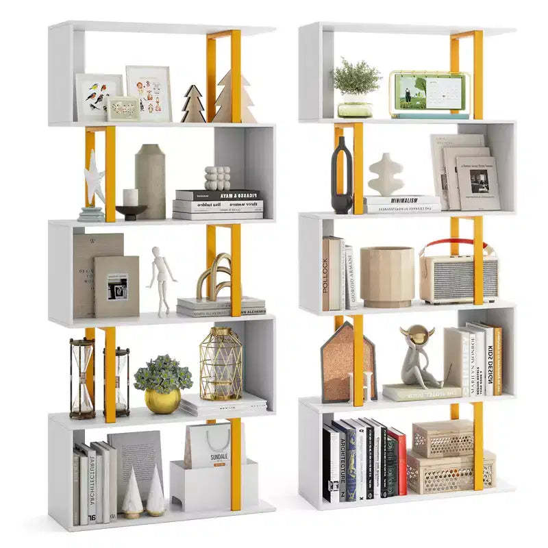 Costway 2 PCS 5-Tier Geometric Bookcase 62-Inch S-Shaped Bookshelf w/ Metal Frame Gold