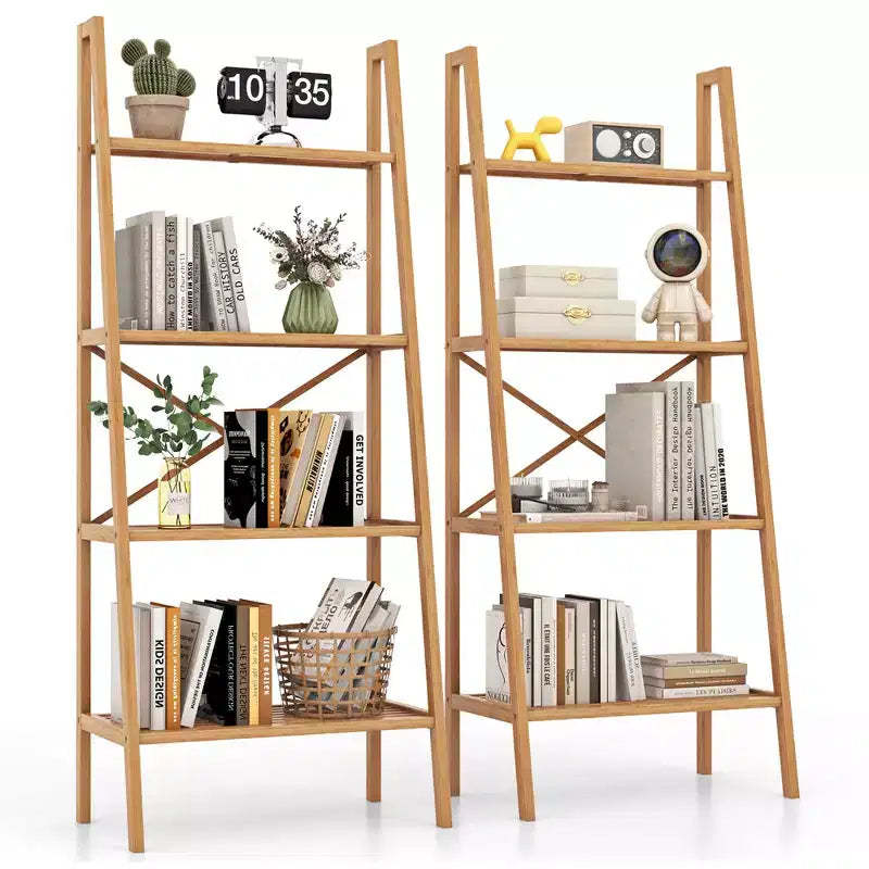 Costway 2PCS 4-Tier Bamboo Ladder Bookshelf 58 Display Shelf Storage Rack Plant Stand