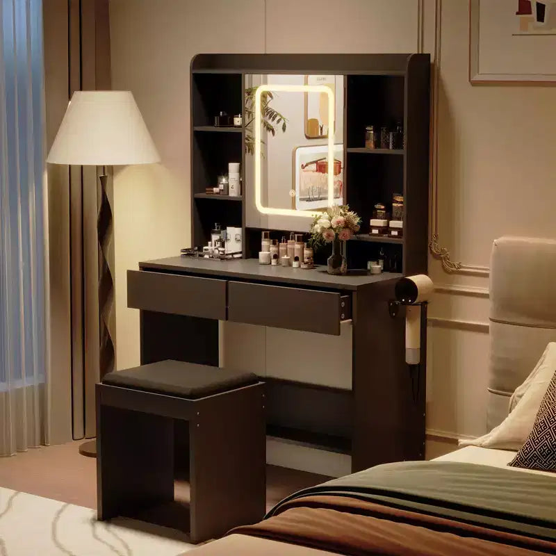 Vanity Desk with LED Mirror & Lights, Stool, USB Outlets, Storage | Makeup Dressing Table