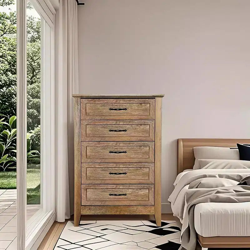 Farmhouse 5-Drawer Tall Dresser with Wood Tone Finish, Multi-Room Storage for Bedroom Living Room Entryway, Easy Assembly Sturdy Construction