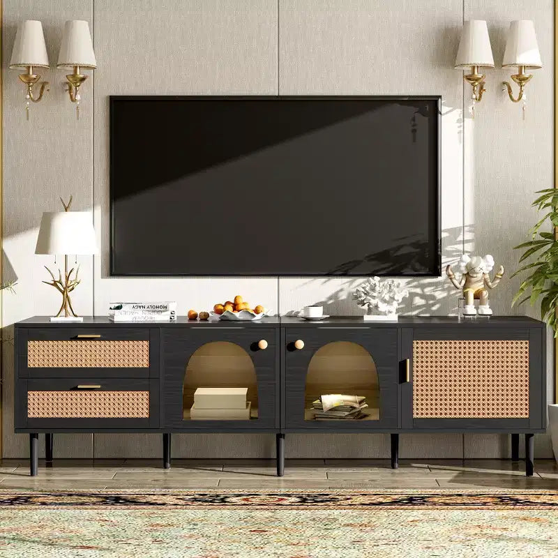 Rattan TV Stand with LED Light for 70 inch TV, Wood TV Storage Cabinet Table with Drawers for Living Room, Black