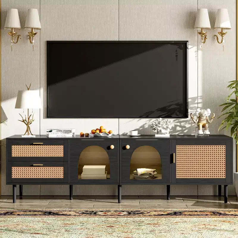 Rattan TV Stand with LED Light for 70 inch TV, Wood TV Storage Cabinet Table with Drawers for Living Room, Black