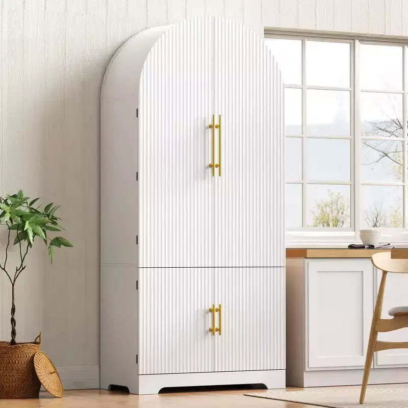 JVNOXK 72-inch High Arch Kitchen Storage Cabinet, featuring 8-tier door shelves and a recessed storage compartment with 3 adjustable shelves, white