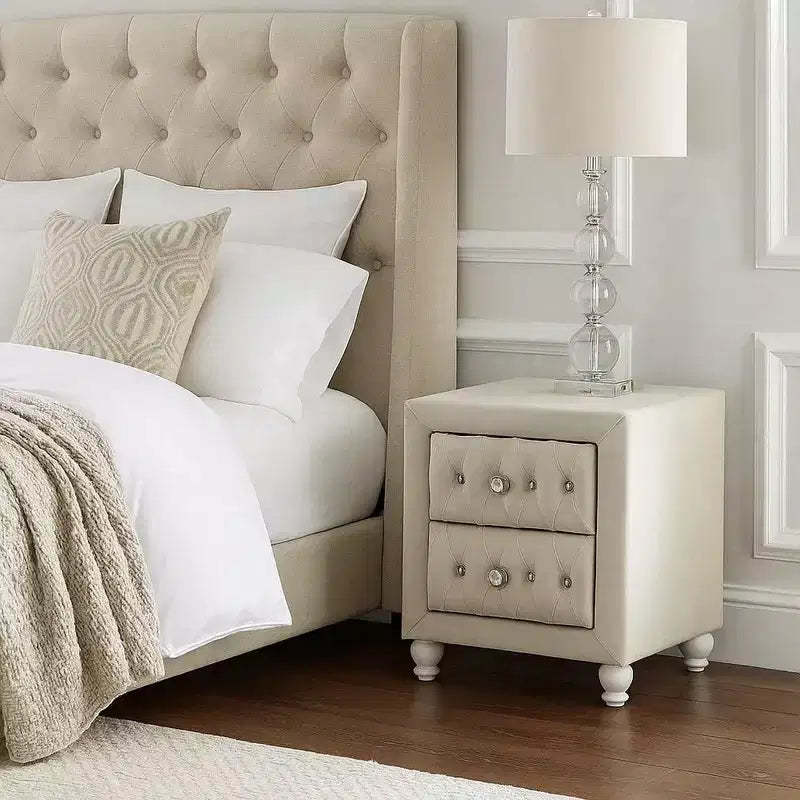 Royal Hampton Nightstand, 2 Drawers, Classic Crystal Tufted Beige Upholstery