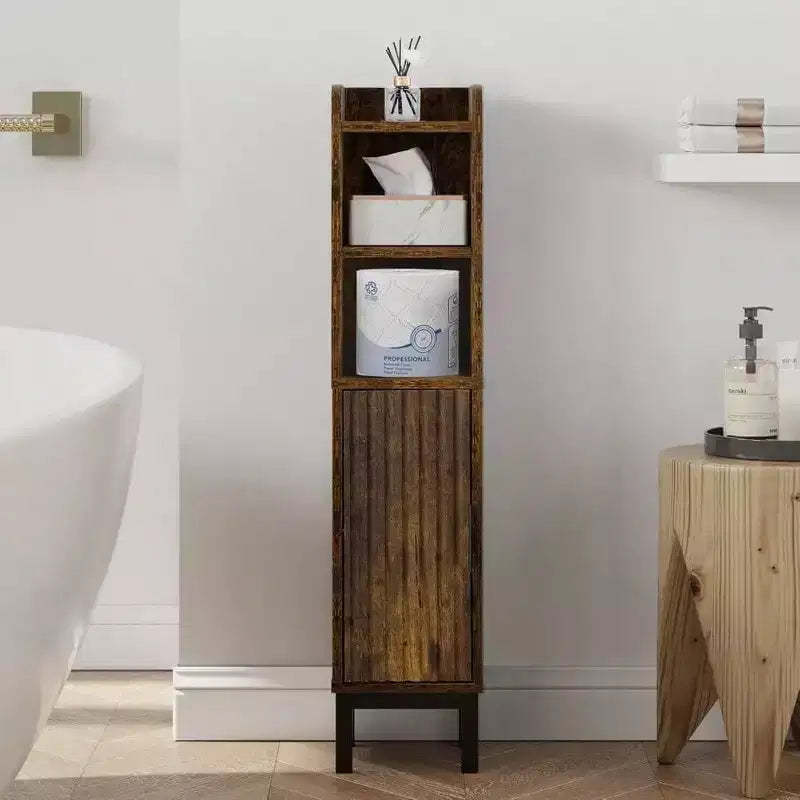 Small Bathroom Storage Cabinet Corner Floor Narrow Toilet Paper Cabinet with Door and Shelves Bathroom