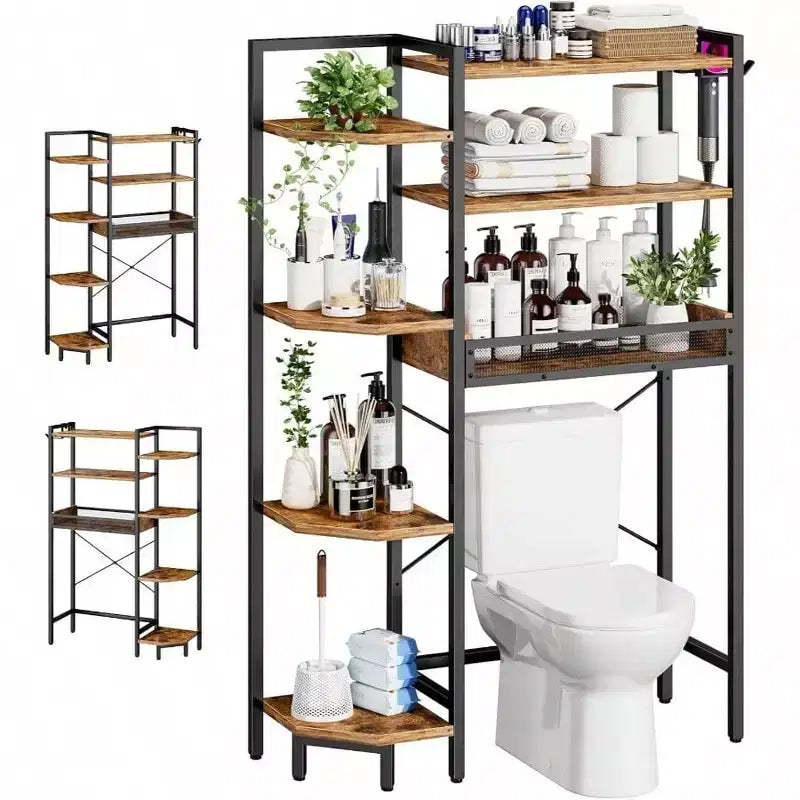 K1 Heavy Duty Tier Over Toilet Storage with Basket and Paper Hook Freestanding Above Toilet Shelf Adjustable Feet Rustic Brown