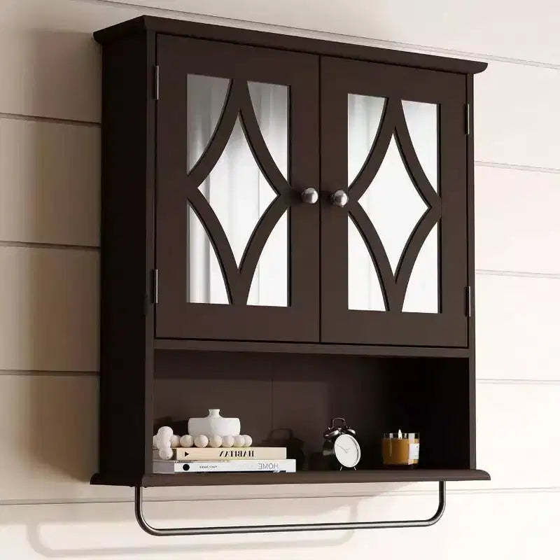 Wall Mounted Bathroom Cabinet Over Toilet with Towel Rack and Adjustable Shelf Large Brown Storage Cabinet 22x25 Inch
