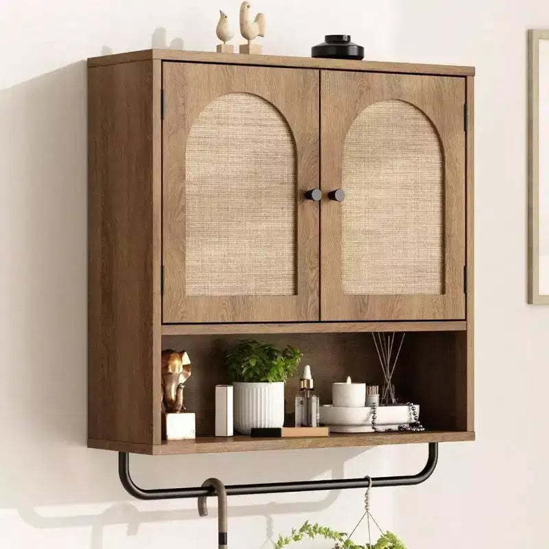Rattan Bathroom Wall Cabinet, Boho Style with 2 Arched Doors, Farmhouse Over Toilet Storage with Adjustable Shelves and Towel Bar