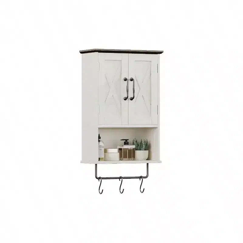 Farmhouse Cabinet Bathroom Wall Cabinet with Adjustable Shelf Towel Bar 3 Hooks Over Toilet Storage Cabinet 19.3''L Antique White Brown