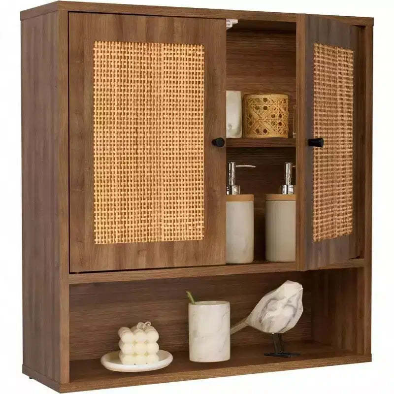 Wall Cabinet Rattan Boho Chic Over Toilet Storage 3 - Tier Wall Mount Double - Door Bathroom Kitchen Dining Room Living Room