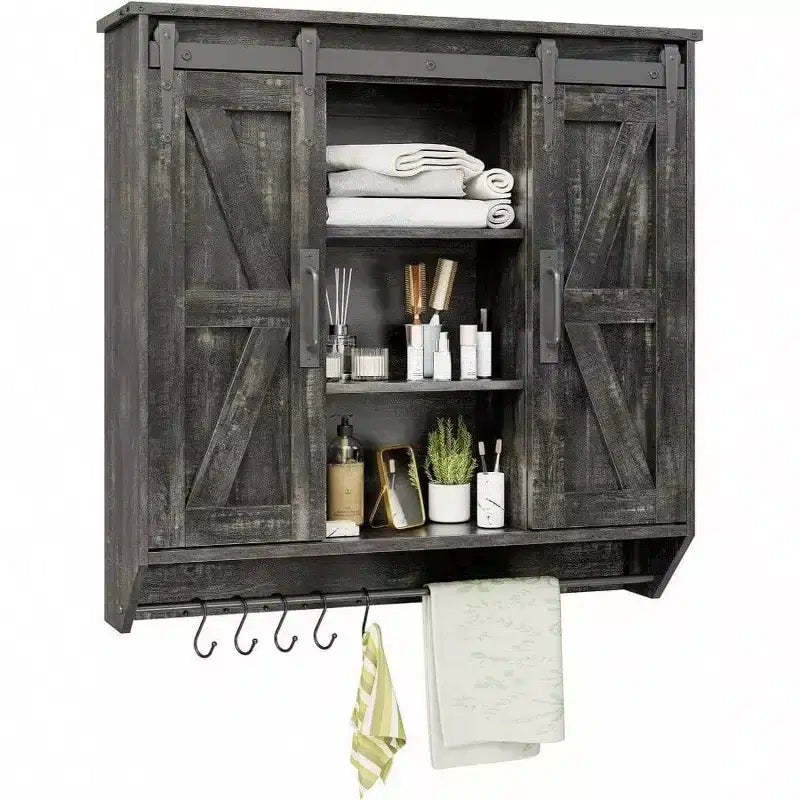 Farmhouse Cabinet 2 Sliding Barn Doors 3 Tier Rustic Wood Wall Storage Cabinet Adjustable Shelf Towel Bar Wall Mounted Bathroom