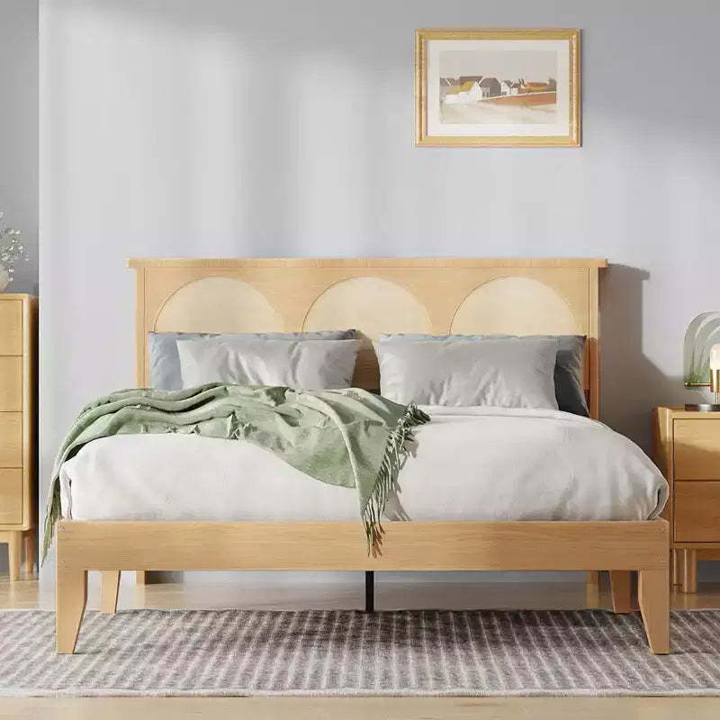 Solid Wood Bed with Natural Rattan Headboard & LED Lights, No Box Spring Needed, Storage Underneath, Sturdy Noise-Free Bed Frame, Easy Assembly