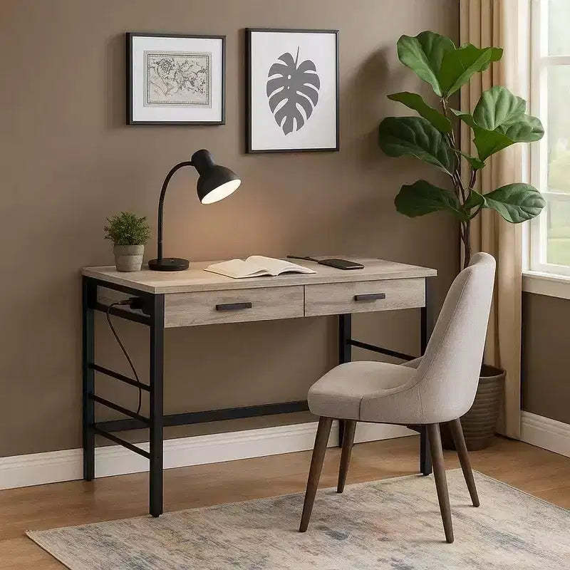 Royal Hampton Built-in USB Port Writing Desk, Light Weathered Oak and Black