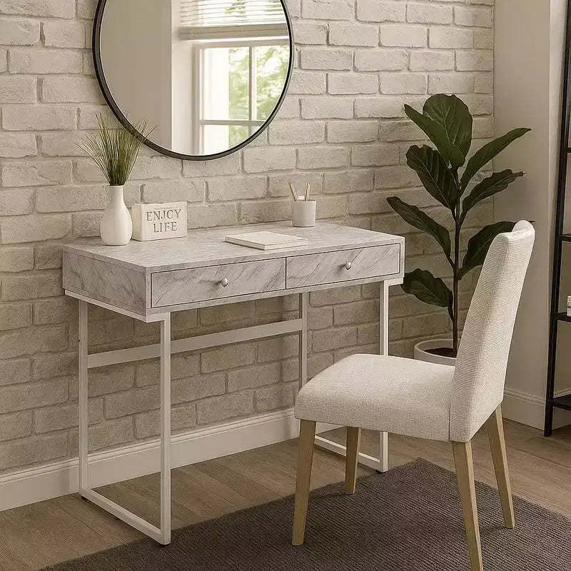 Royal Hampton Writing Desk with 2 Drawers and Faux Marble Top, Gray