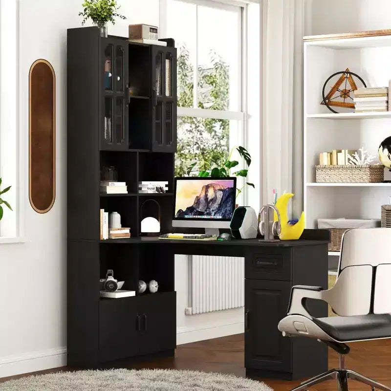 L Shaped Computer Desk With Hutch, Office Corner Desk with Drawer & Bookshelf, Study Table Writing Desk, Gaming Computer Desk for Study Room Black
