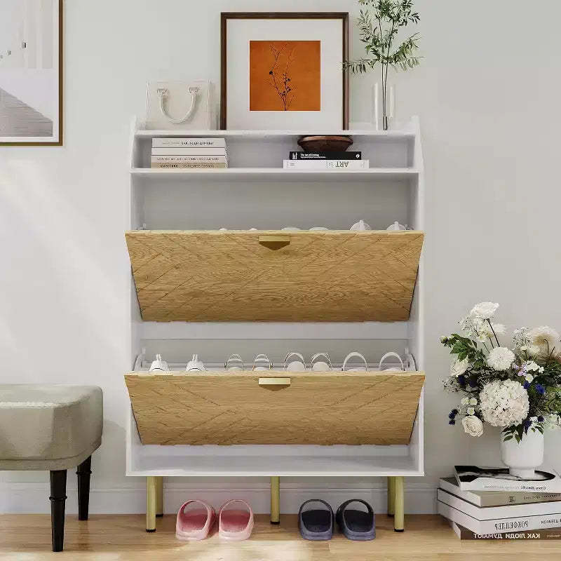 Narrow Shoe Cabinet with 2/3 Drawers, Slim Freestanding Shoe Storage Organizer with Wood Grain & White Finish, Hidden Entryway Rack with Top Shelf