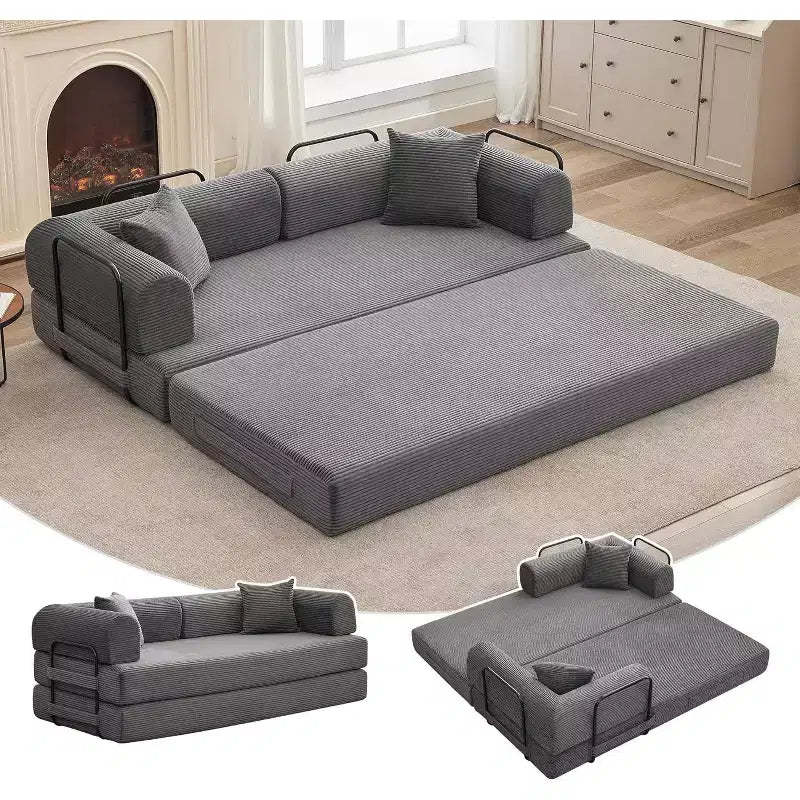4-in-1 Convertible Sleeper Sofa, Corduroy Fabric with Pillows, No Assembly Needed, Sturdy Frame for Small Space Living Room