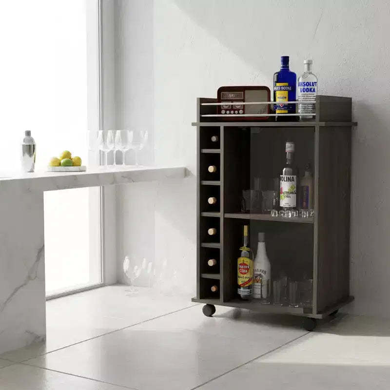 Homy Casa Bar Cart with Two Shelves and Six Bottle Rack for Dining Room or Living Space, Brown