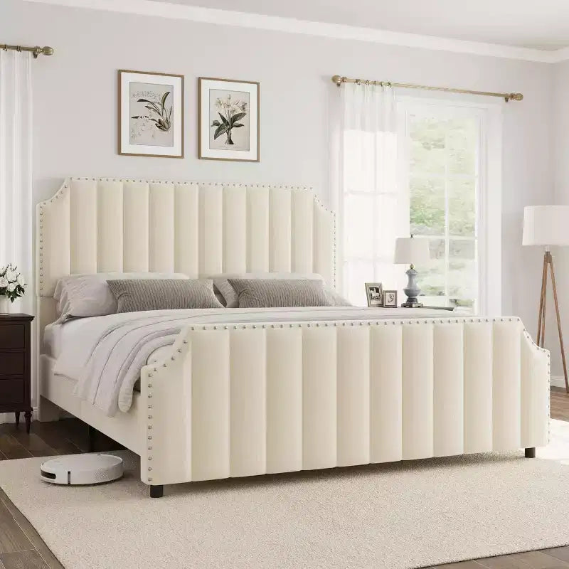 Queen Velvet Platform Bed - 50.2 Upholstered Frame with Tufted Headboard & Footboard, No Box Spring