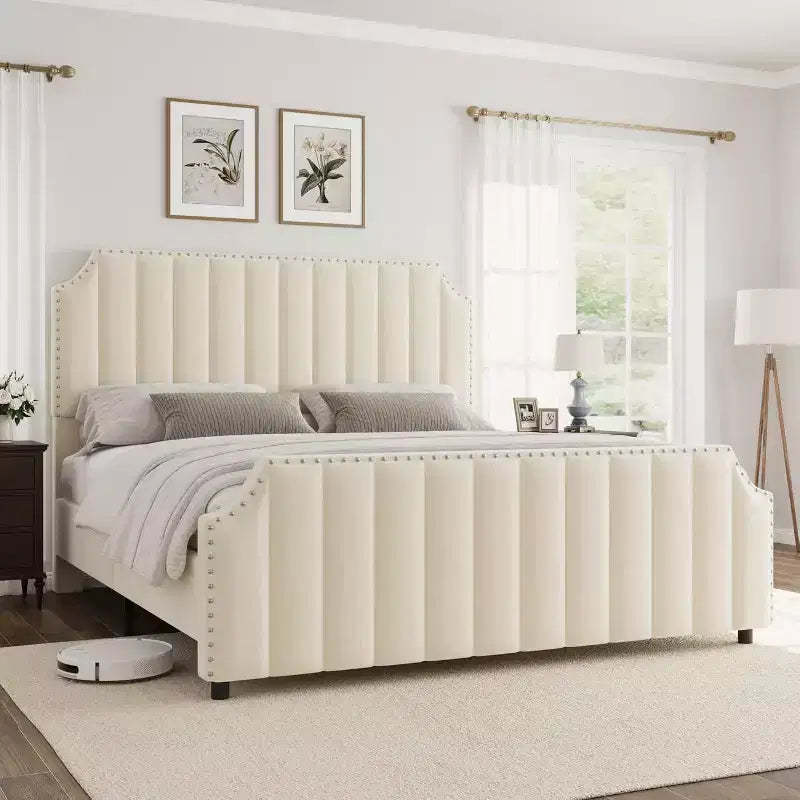 Queen Velvet Platform Bed - 50.2 Upholstered Frame with Tufted Headboard & Footboard, No Box Spring