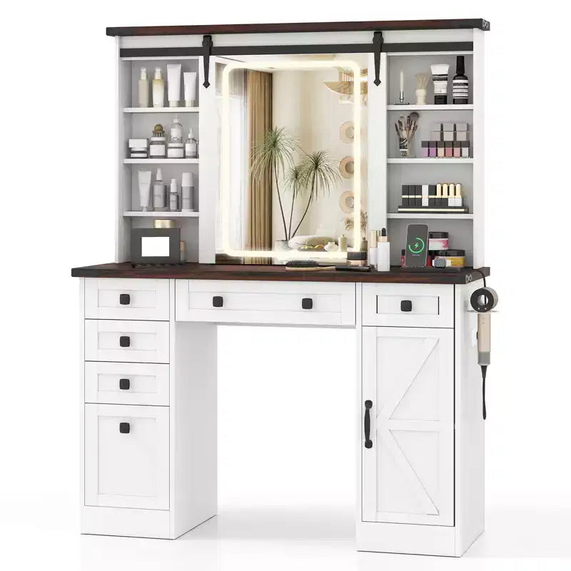 Costway Vanity Desk w/Touch Screen Mirror Farmhouse Dressing Table w/Charging Station