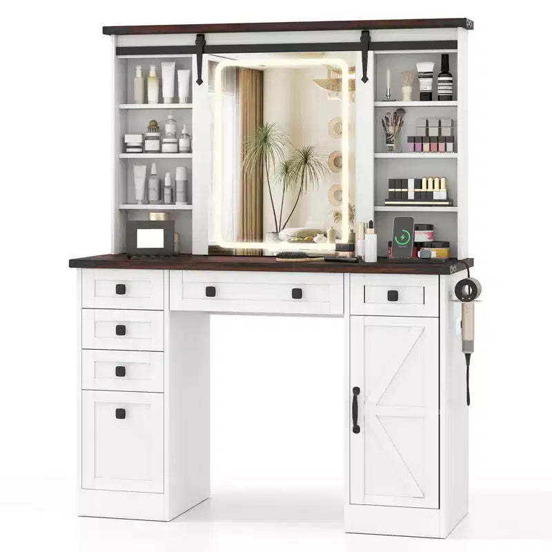 Costway Vanity Desk w/Touch Screen Mirror Farmhouse Dressing Table w/Charging Station