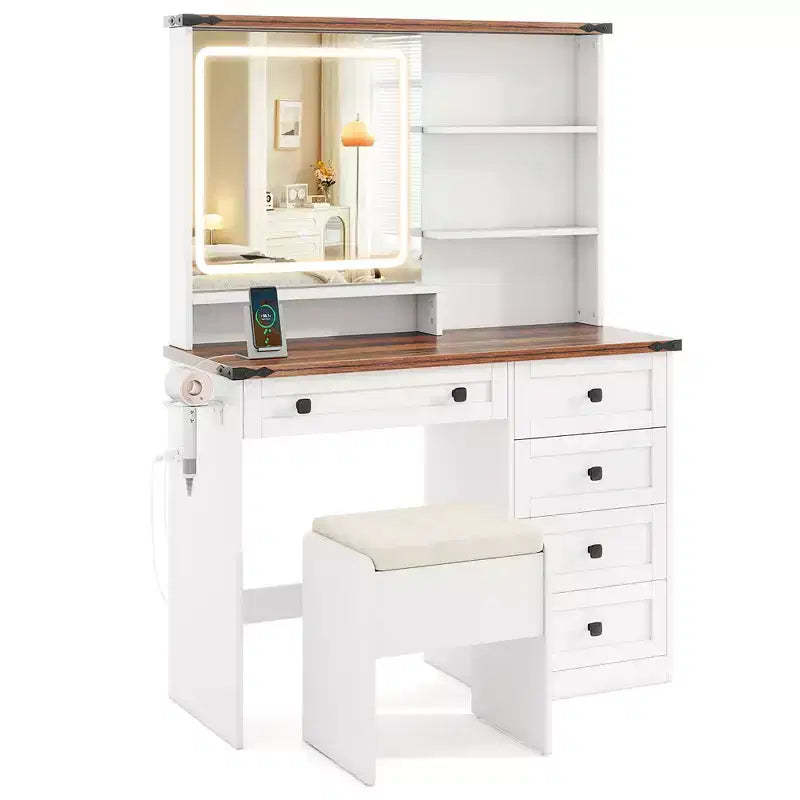 Costway Farmhouse Vanity Set w/ Mirror and Lights Dressing Table & Chair Set