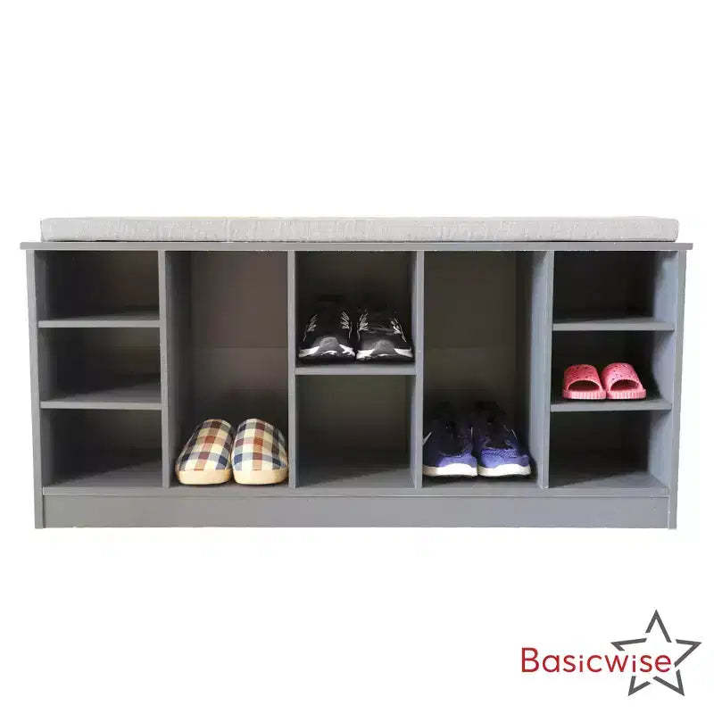 Basicwise Multi-Purpose Wooden Shoe Storage Bench Cushioned Seat Open Cubby Compartments and Versatile Organizer for Shoes and Accessories
