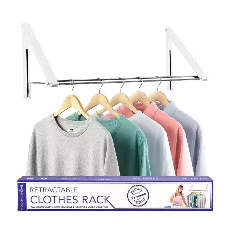 Wall-Mounted Retractable Double Foldable Clothing Rack w/ Extension Rod (White)