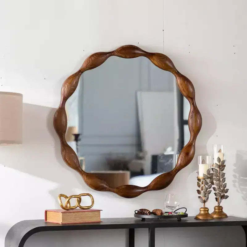 GDFStudio Ursa Farmhouse Wooden Round Waved Decorative Wall Mirror