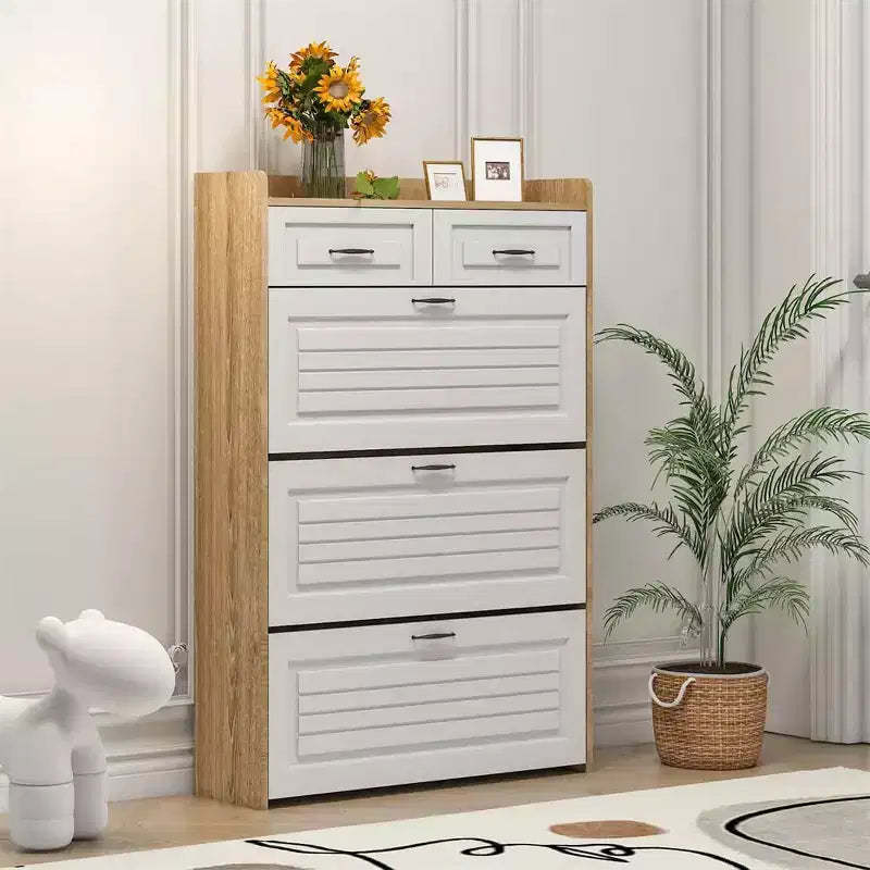 Shoe Cabinet with 3 Flip Drawers, 2 Storage Drawers, Freestanding Modern Shoes Organizer for Hallway, Bedroom , Entryway Storage White