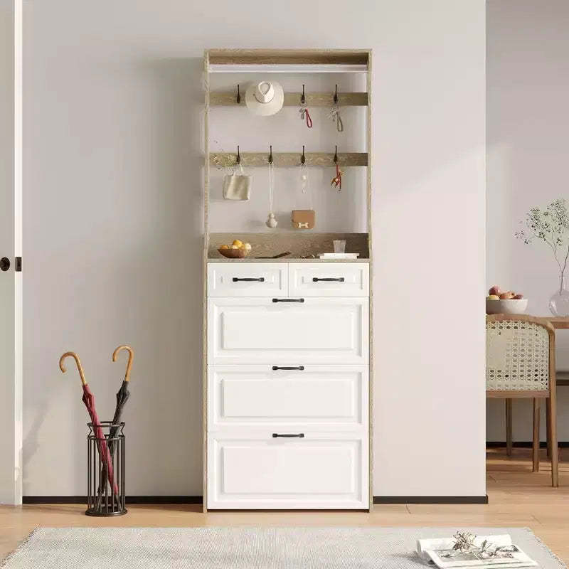 Shoe Storage Cabinet with 3 Doors and 2 Drawers, Entryway Hall Tree Coat Shoe Rack with 8 Hooks, Freestanding Shoe Organizer
