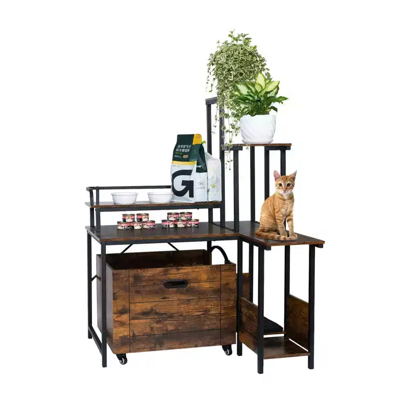 Hidden Litter Box Furniture - Cat Washroom Enclosure with Flower Stand, Pull-Out Tray (Wooden)