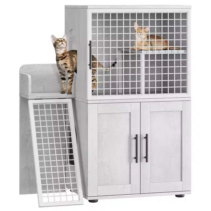 Cat Litter Box Furniture, Hidden Litter Box Enclosure 41.9'' - Double Layer Modern Cat House with Platform Ladder Indoor Washroom Villa Cabinet