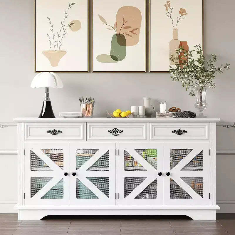 63 Sideboard Buffet Cabinet with Storage, Wood Kitchen Storage Cabinet with Charging Station, 3 Drawers, 4 Doors & Adjustable Shelves for Dining Room