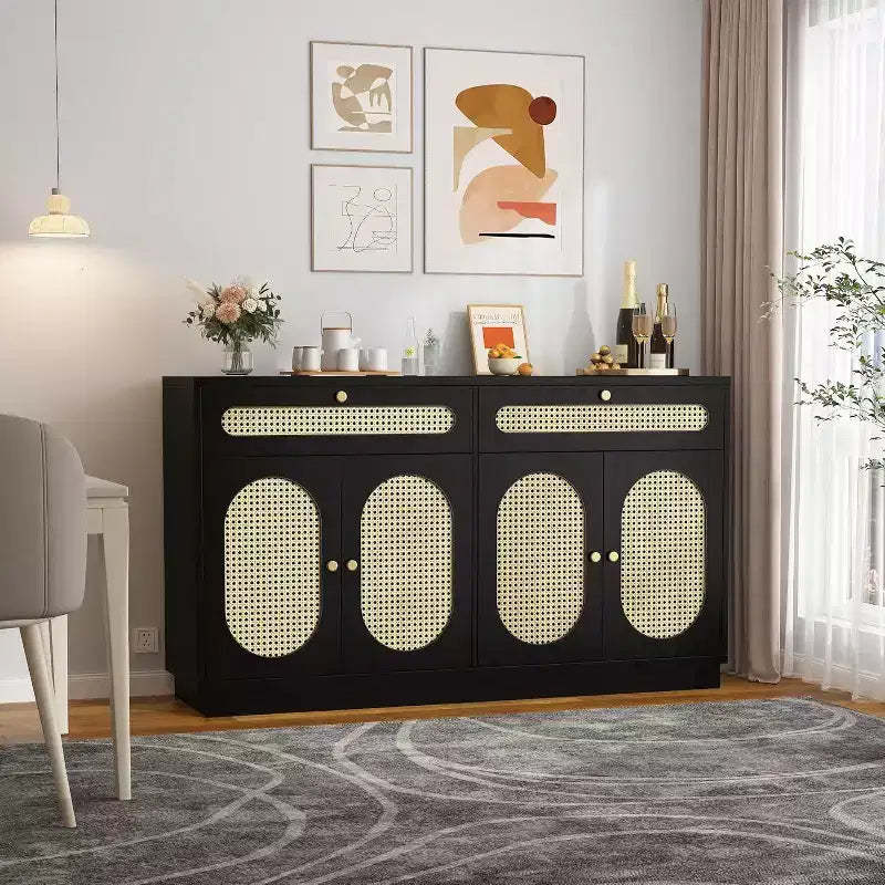 60'' Rattan Sideboard, Sideboard Cabinet with 2 Drawers 4 Rattan Doors, Buffet Cabinet with Adjustable Shelves for Dining Room,Living Room,EntryWay