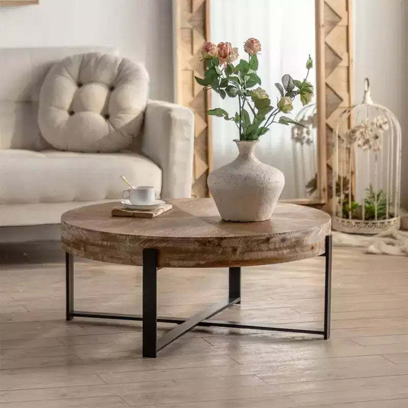 Round Coffee Table Modern Circle Coffee Table With Fir Wood Table Top Cross Legs Base