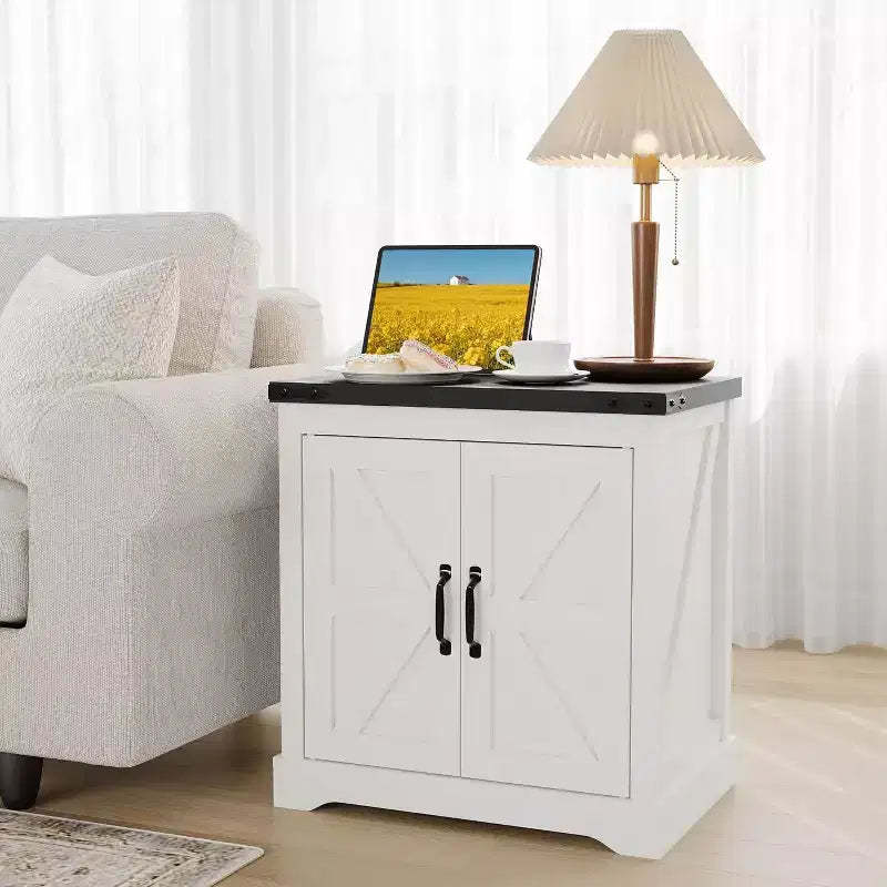 White Farmhouse Large Storage Cabinet & Sliding Barn Door, Rustic End Table or Nightstand for Living Room, Bedroom